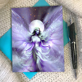 Greeting card with a fantasy violet and silver fairy design against a full moon by Primal Painter.