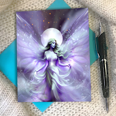 Greeting card with a fantasy violet and silver fairy design against a full moon by Primal Painter.