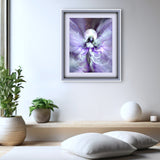 Framed Fantasy fairy artwork with wispy violet wings and a white ribbon dress against a starry full moon background by Primal Painter