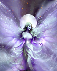 Fantasy fairy artwork with wispy violet wings and a white ribbon dress against a starry full moon background by Primal Painter