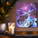 purple, blue, and white ethereal fairy canvas print called Serendipity by Primal Painter with swirling patterns. Displayed on a shelf with candle