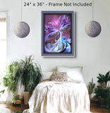 Violet, purple and light blue angel art wih ethereal transparent wings atop swirling clouds hanging in a bedroom