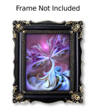 Violet, purple and light blue angel art wih ethereal transparent wings atop swirling clouds in an ornate black frame