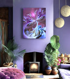 Violet, purple and light blue angel canvas art wih ethereal transparent wings atop swirling clouds hanging in a violet living room