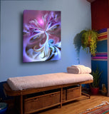 purple, blue, and white ethereal fairy canvas print called Serendipity by Primal Painter with swirling patterns. Hanging over a massage table