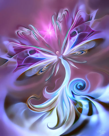 Violet, purple and light blue angel art wih ethereal transparent wings atop swirling clouds