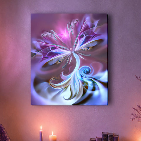 purple, blue, and white ethereal fairy canvas print called Serendipity by Primal Painter with swirling patterns. On a dusty rose wall with candles