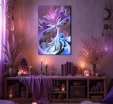 purple, blue, and white ethereal fairy canvas print called Serendipity by Primal Painter with swirling patterns. In a mystical dusty rose room over a shelf