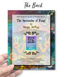 Card with 'The Sporeacles of Fungi' by Shaggy McWizz, held by a hand against a colorful abstract background.