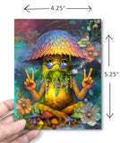 Colorful artwork of a mushroom with a hand holding it, showing dimensions on a white background.