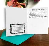 Open card with "Live and Let Live" with a quote on one page and the backstory for Shaggy McWizz on the other side, with a flower arrangement on a wooden surface