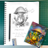 Sketchbook with a mushroom character and the end result;  a colorful mushroom greeting card on a green grid background.
