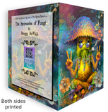 Front and Back: Shaggy McWizz mushroom greeting card featuring rainbow-capped fungus with mossy beard, puffball pipe, flashing double Peace signs, full-color artwork, with his ‘Live and Let Live’ quote inside