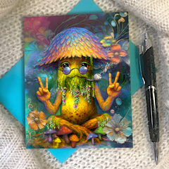 Shaggy McWizz mushroom greeting card featuring rainbow-capped fungus with mossy beard, puffball pipe, flashing double Peace signs, full-color artwork, with his ‘Live and Let Live’ quote inside