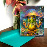 Shaggy McWizz mushroom greeting card featuring rainbow-capped fungus with mossy beard, puffball pipe, flashing double Peace signs, full-color artwork, with his ‘Live and Let Live’ quote inside