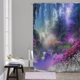 waterproof shower curtain featuring a colorful abstract landscape with pink and purple flowers, a waterfall, a stream, a pond, and fairies in the blue sky