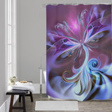 purple bohemian art shower curtain featuring an ethereal angel with lacy wings and a spiraling background