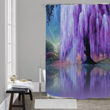waterproof shower curtain featuring impressionist art of a purple willow tree next to a pond