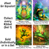 Four colorful frog illustrations with text describing each frog's name and a humorous description.