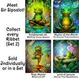 Set of four colorful frog illustrations with various poses and text about 'Sir Sipsalot' and 'Ribbet'.