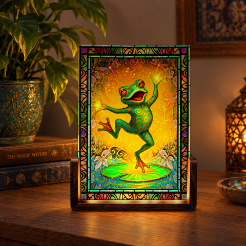 Small acrylic table lamp featuring a dancing frog artwork  in oranges, greens, and reds with a stained glass-effect border. Art by Primal Painter