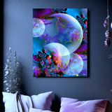 Spirit Orbs by Primal Painter is a canvas print in blues, violets, and fuchsia with intricate fractal designs inside translucent orbs. Hanging on a dark blue gray wall