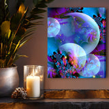 Spirit Orbs by Primal Painter is a canvas print in blues, violets, and fuchsia with intricate fractal designs inside translucent orbs. Hanging over a shelf