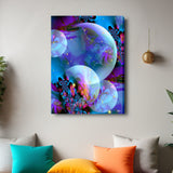 Spirit Orbs by Primal Painter is a canvas print in blues, violets, and fuchsia with intricate fractal designs inside translucent orbs. Hanging above colorful pillows