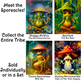 Four colorful illustrations of mushroom characters with text promoting 'Meet the Sporeacles' and 'Collect the Entire Tribe'.