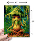 The dimensions of Sporlock mushroom greeting card featuring haunted fungus with green spotted cap, Spanish moss, Rock On hand signal, full-color artwork, and his ‘Rot and Roll’ quote inside.