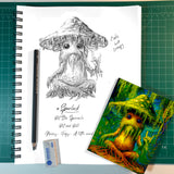 Sketch of a haunted mushroom flashing the Rock On symbol with the finished full-color greeting card down below. 