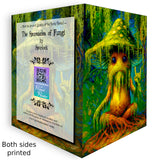 Front and back of Sporlock mushroom greeting card featuring haunted fungus with green spotted cap, Spanish moss, Rock On hand signal, full-color artwork, and his ‘Rot and Roll’ quote inside.