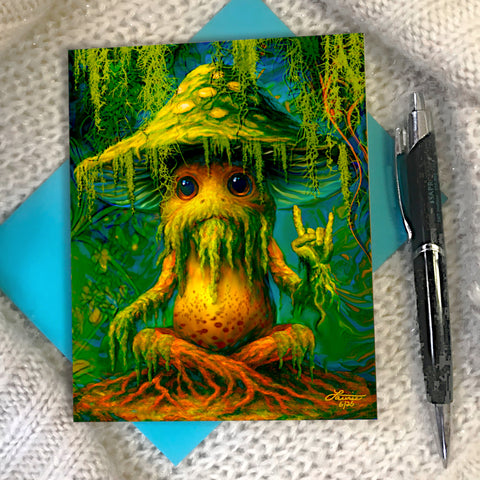 Sporlock mushroom greeting card featuring haunted fungus with green spotted cap, Spanish moss, Rock On hand signal, full-color artwork, and his ‘Rot and Roll’ quote inside.