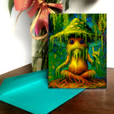 Sporlock mushroom greeting card featuring haunted fungus with green spotted cap, Spanish moss, Rock On hand signal, full-color artwork, and his ‘Rot and Roll’ quote inside.