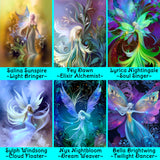 Collage of six colorful fairy illustrations with names and descriptions by Primal Painter.
