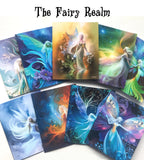 Collection of colorful fairy cards with 'The Fairy Realm' branding.