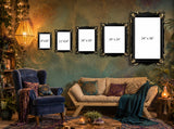Five black picture frames of different sizes (8"x10", 11"x14", 16"x20", 20"x24", 24"x36") with blank white mockup inserts, displayed on a textured green wall in a beautifully decorated bohemian living room.
