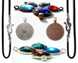 Collage of side view of necklace, back view, and cord and clasps
