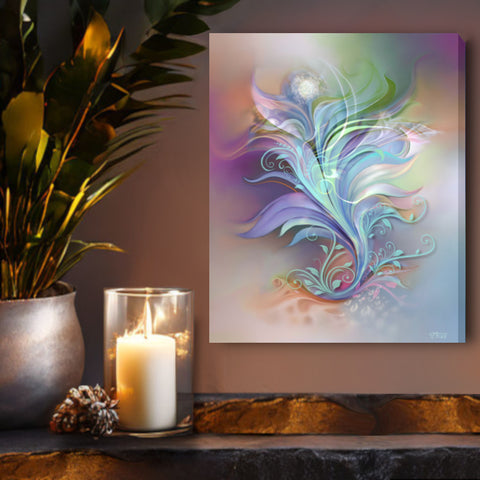 Abstract art canvas print called From Summer to Fall by Primal Painter featuring soft pastel rainbow floral elements. Hanging over a shelf with a candle
