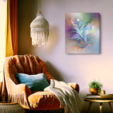 Abstract art canvas print called From Summer to Fall by Primal Painter featuring soft pastel rainbow floral elements. Hanging over a cozy boho chair