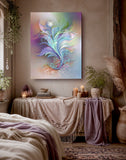 Abstract art canvas print called From Summer to Fall by Primal Painter featuring soft pastel rainbow floral elements. Hanging over a boho dresser with candles