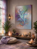 Abstract art canvas print called From Summer to Fall by Primal Painter featuring soft pastel rainbow floral elements. Hanging in a meditation sanctuary