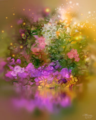 Impressionist floral abstract art print by Primal Painter with warm colors of flowers reflected in water called Sunset Serenade