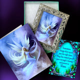 Framed mini fairy art print with a matching story card and affirmation card in a teal gift box