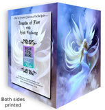 Opened front and back of a Greeting card by Primal Painter featuring a blue, violet, and white fairy with white flowing hair, floating in the clouds called Sylph Windsong. 