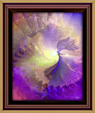 Angel art print with swirling violet, orange, and purple sunburst rays emanating from a purple angel with wispy wings entitled "The Clearing" in the goddess series of energy art by Primal Painter displayed in a brown frame