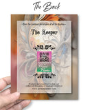 The back of a Goddess art story card called The Keeper by Primal Painter with envelope