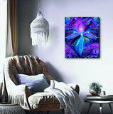 Purple and blue angel art canvas print called The Seer by Primal Painter. hanging over a chair