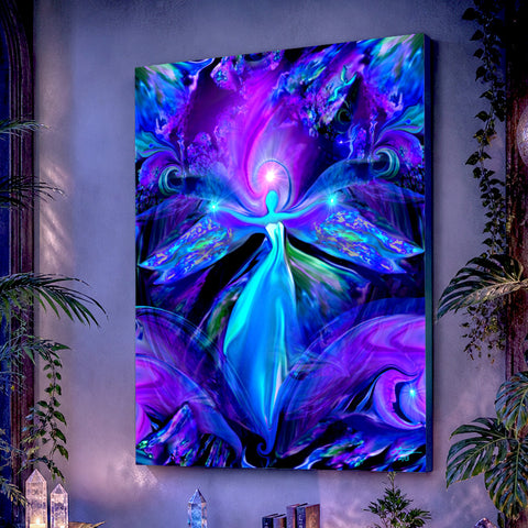 Purple and blue angel art canvas print called The Seer by Primal Painter. Hanging on a muted  purple wall