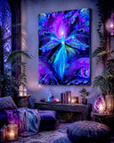 Purple and blue angel art canvas print called The Seer by Primal Painter. Hanging in a bohemian purple living room